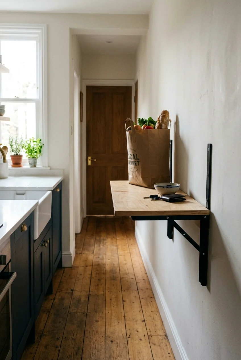 Fold-down ledge just outside a tiny galley kitchen