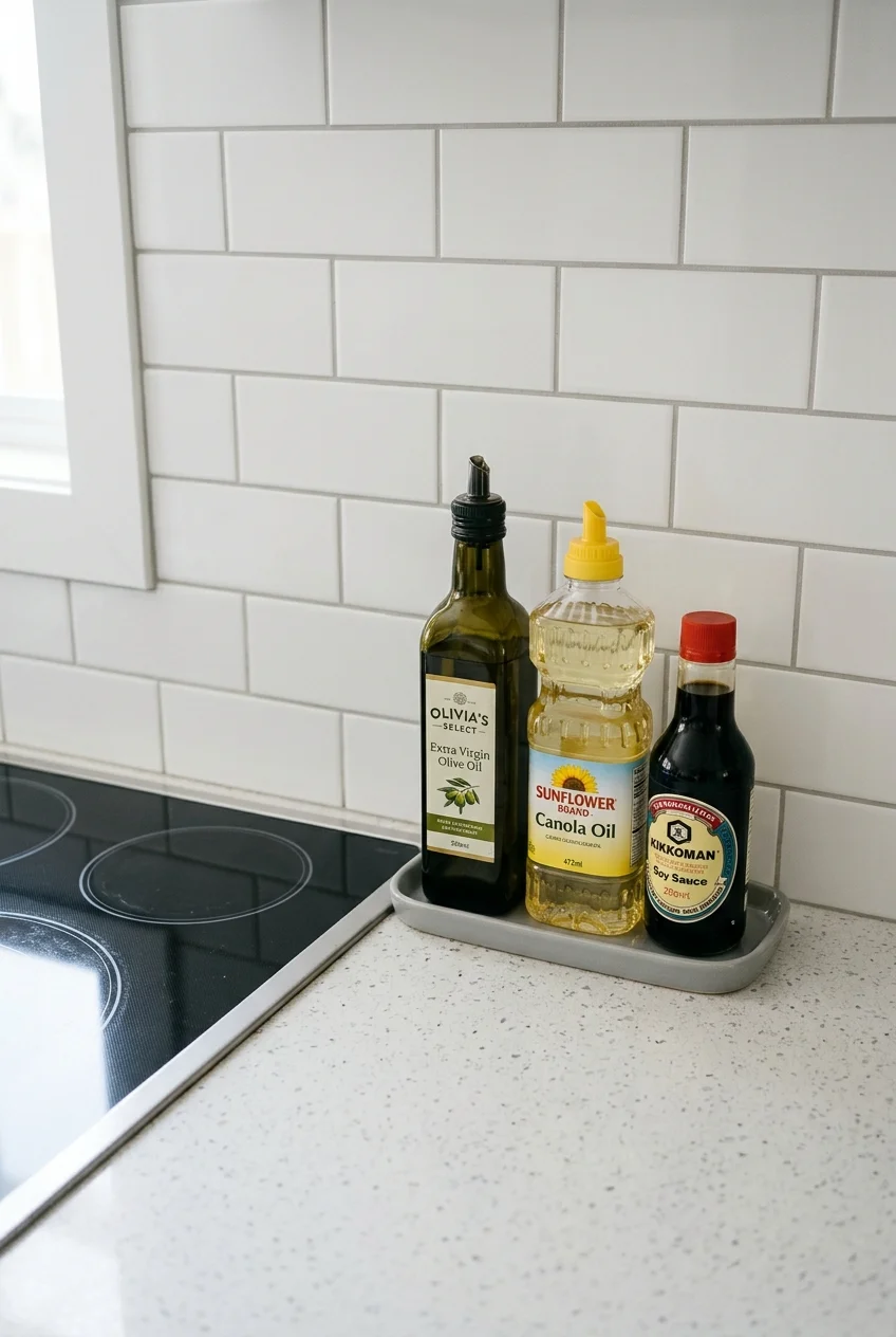 Cooking bottles grouped on a washable counter tray