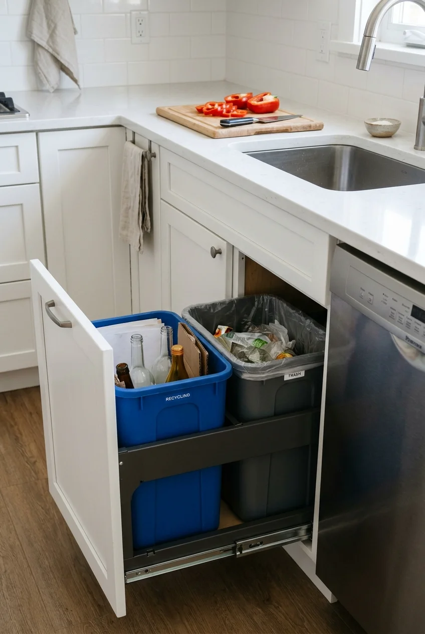 Pull-out trash and recycling beside a galley prep zone