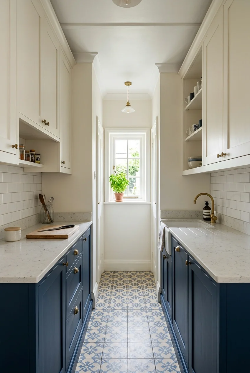 Tiny galley kitchen with dark lowers and pale uppers