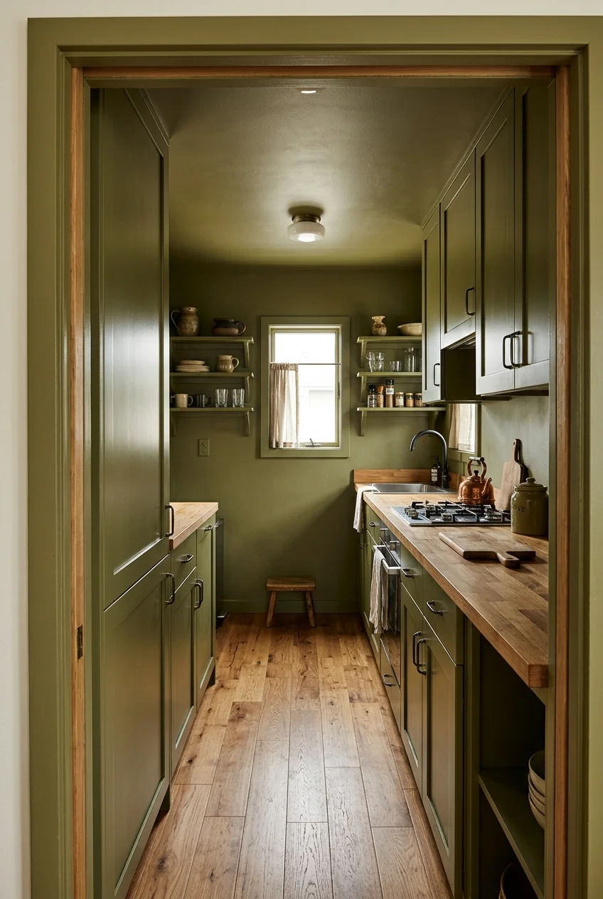 Olive color-drenched tiny galley kitchen
