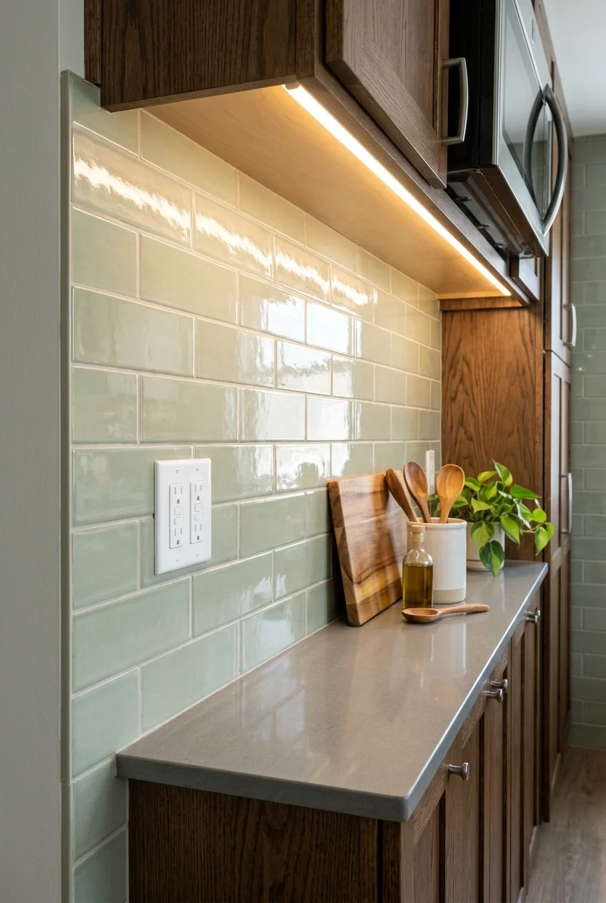 Glossy tile backsplash reflecting light in a tiny galley