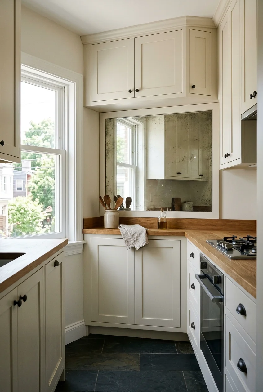 Antiqued mirror panel on a quiet galley kitchen wall