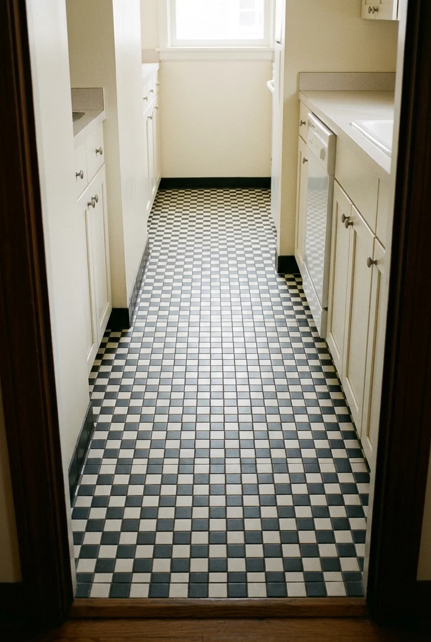 Small checkerboard floor pattern across a tiny galley