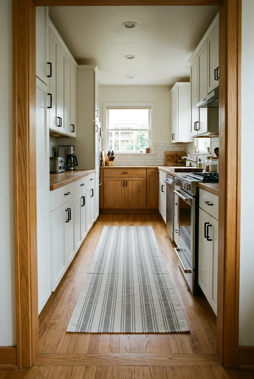 Low-profile washable runner in a tiny galley aisle