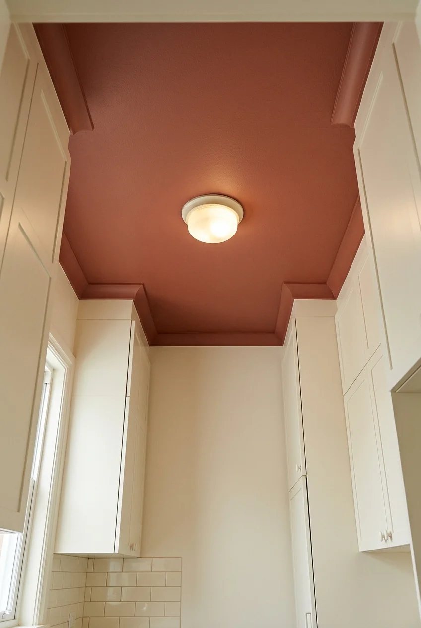 Muted accent ceiling in a tiny galley kitchen