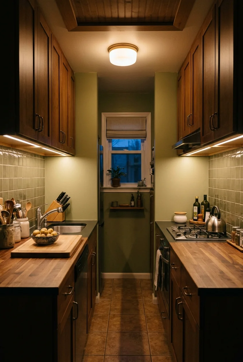Layered ceiling and under-cabinet lighting in a galley