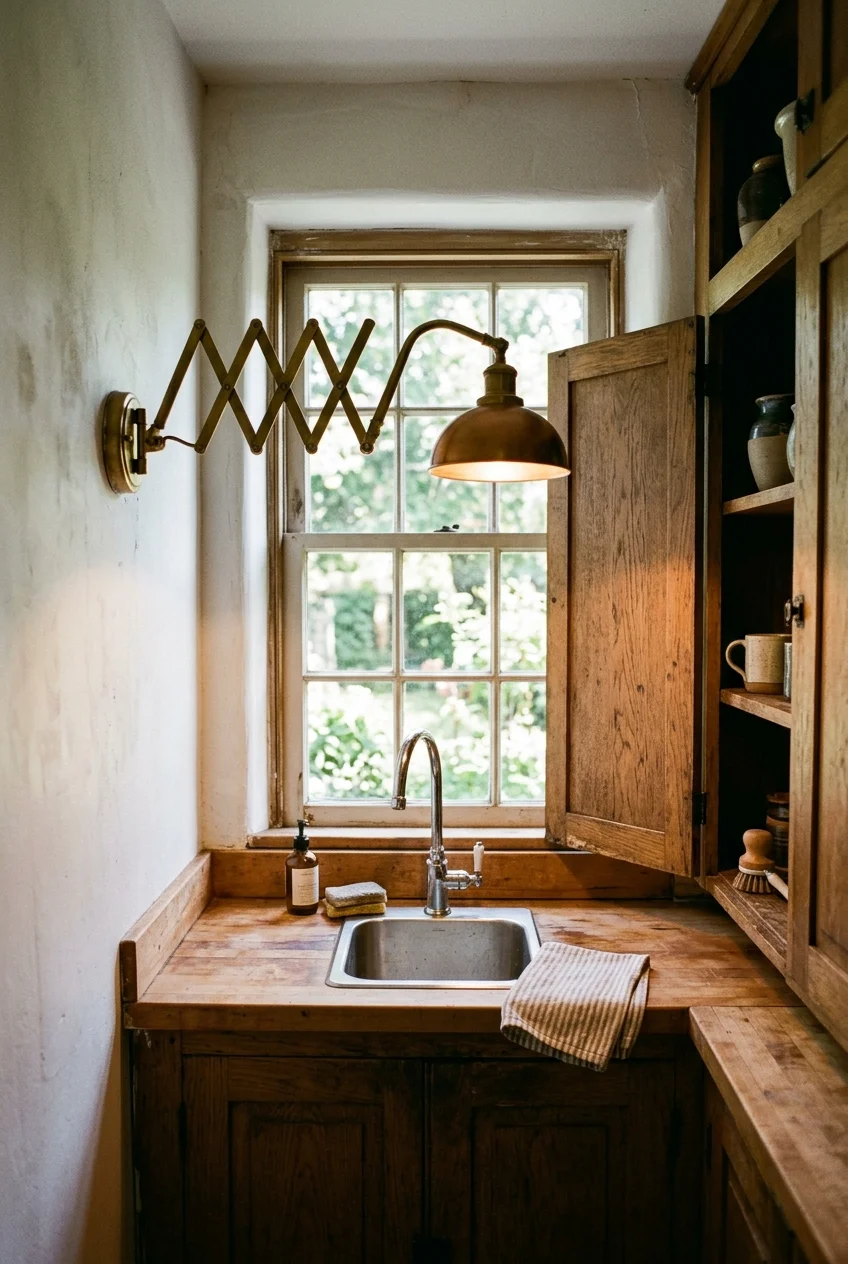 Articulating wall light above a galley kitchen sink