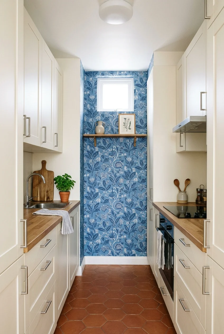 Patterned end wall creating a galley kitchen focal point