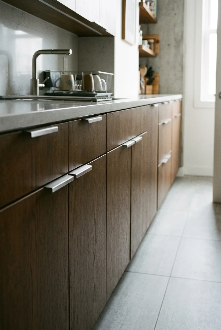 Low-profile cabinet pulls in a narrow galley kitchen