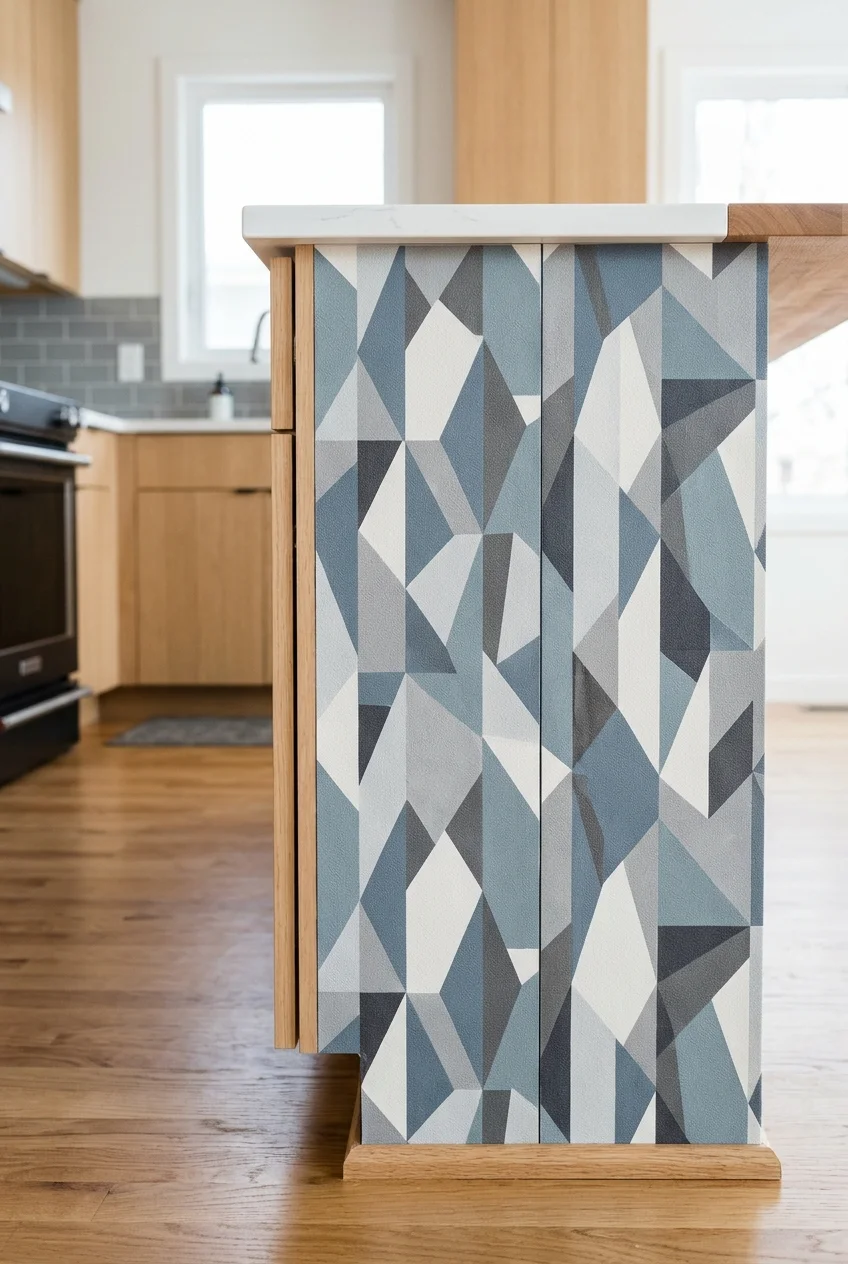 Removable wallpaper on a galley cabinet end panel