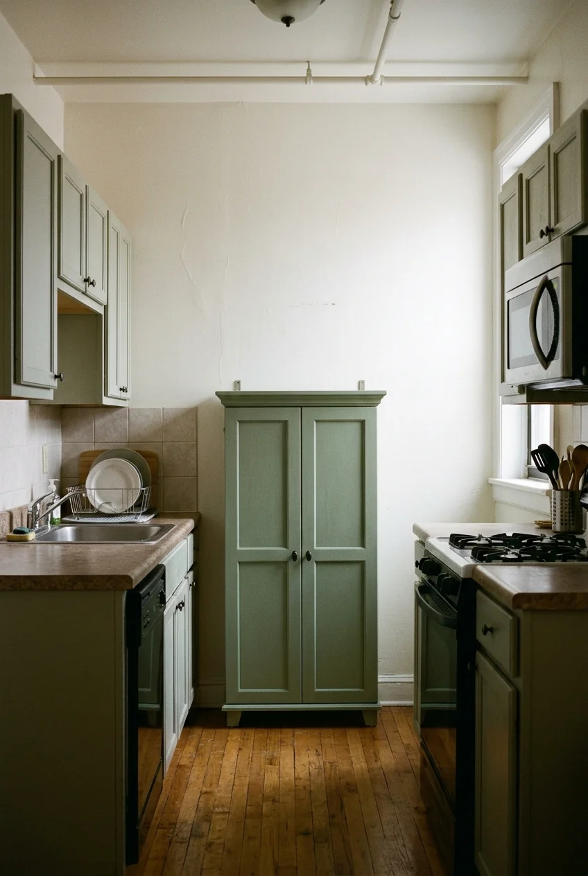 Shallow freestanding pantry at the end of a galley kitchen