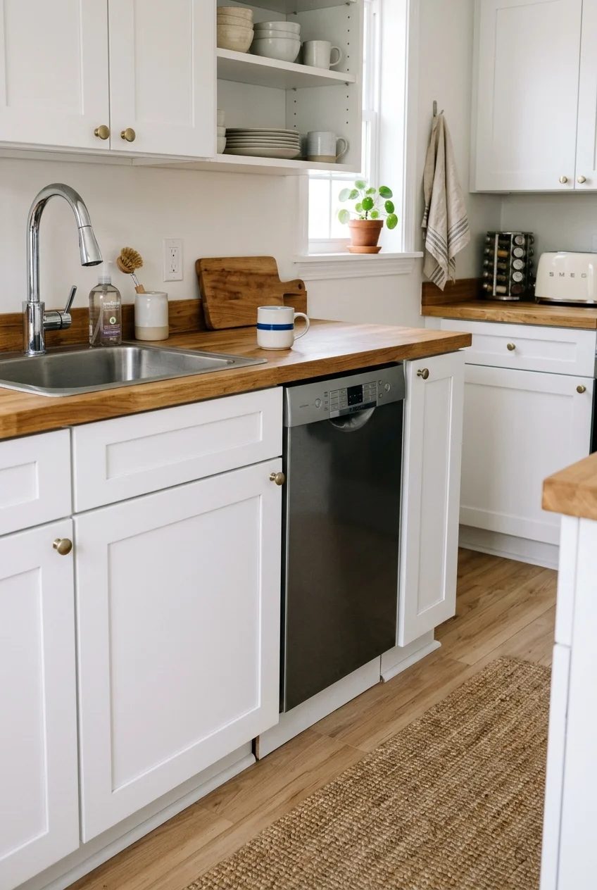 Compact dishwasher beside a galley kitchen sink