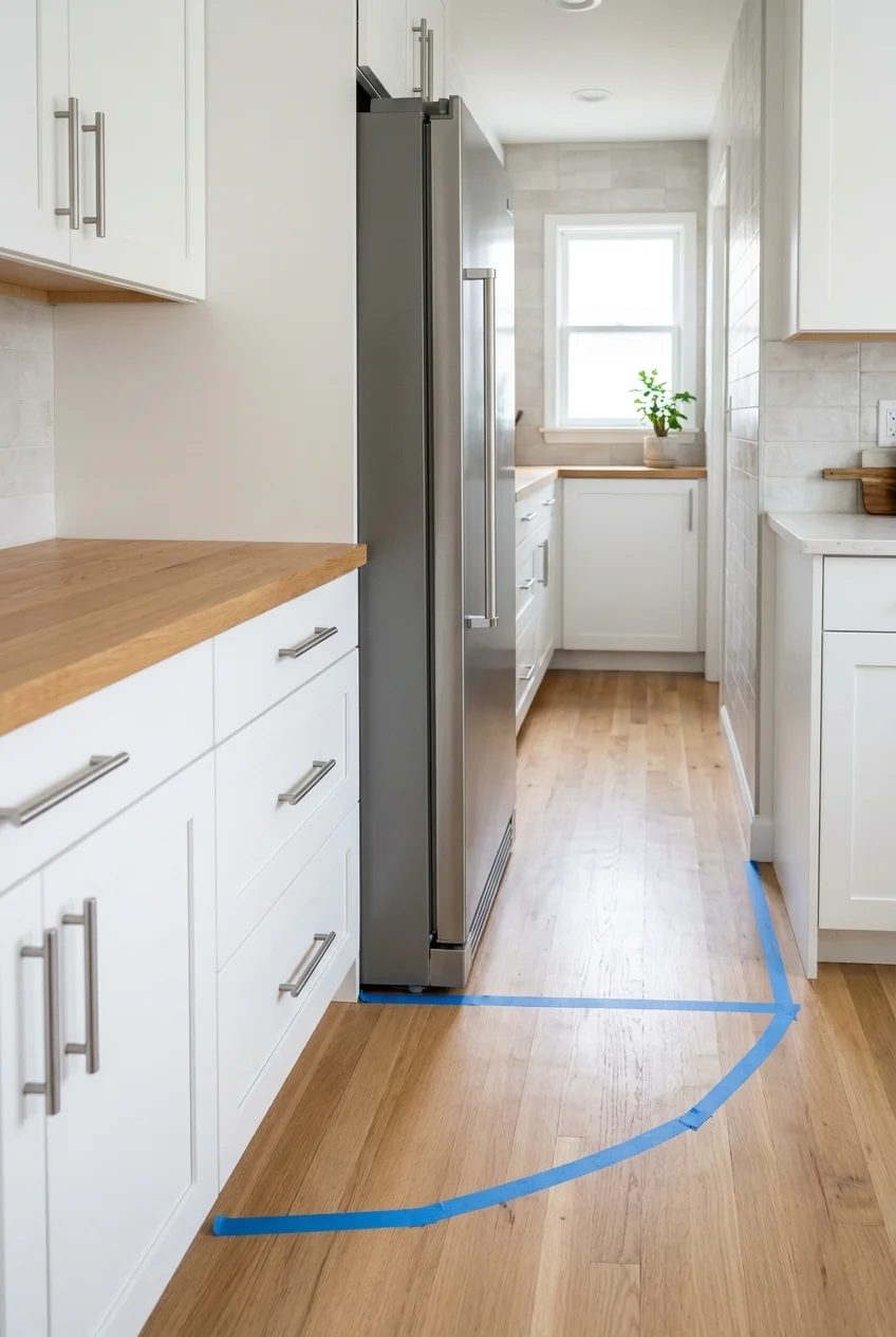 Counter-depth refrigerator aligned in a tiny galley kitchen