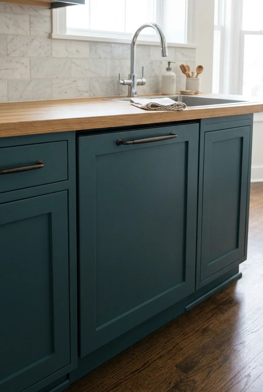 Panel-ready dishwasher matching galley kitchen cabinets