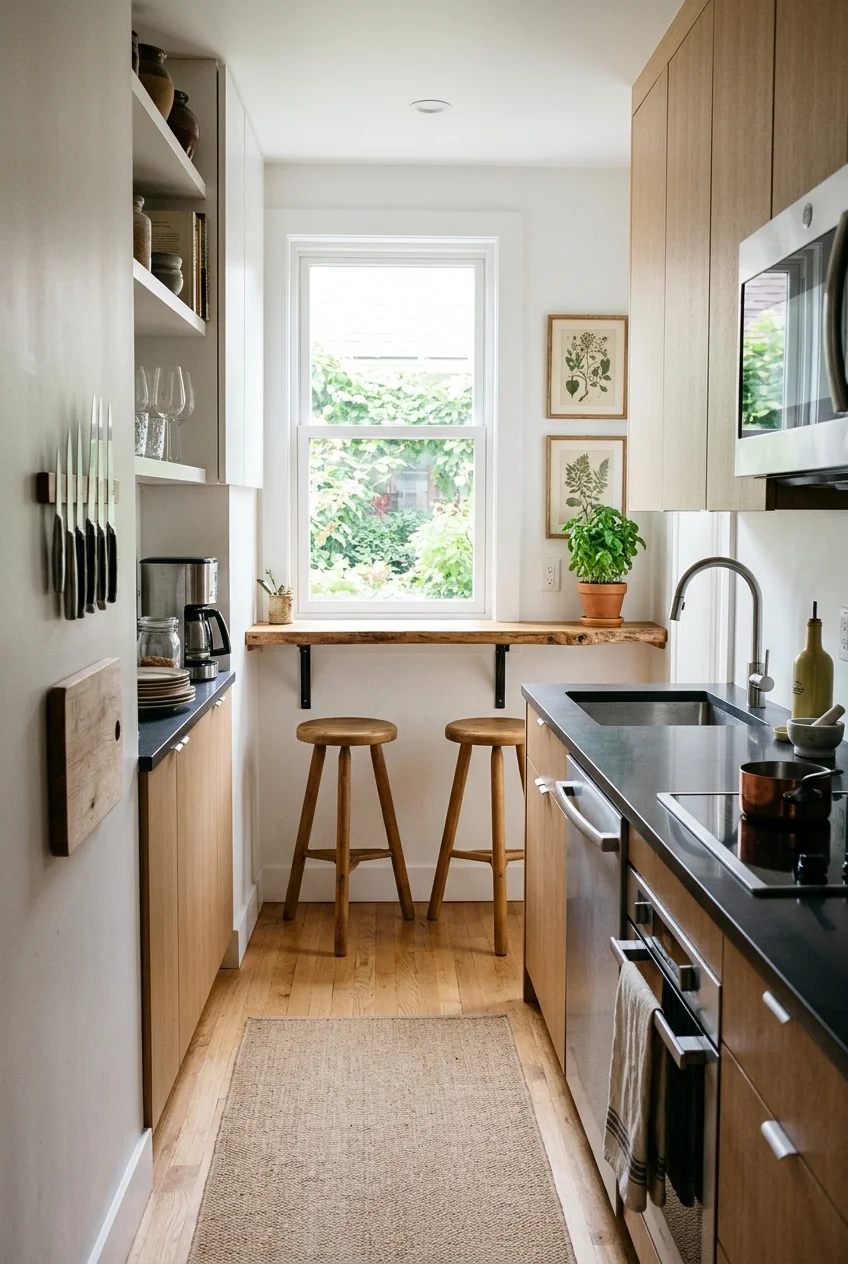 Two-seat breakfast perch beyond a tiny galley kitchen