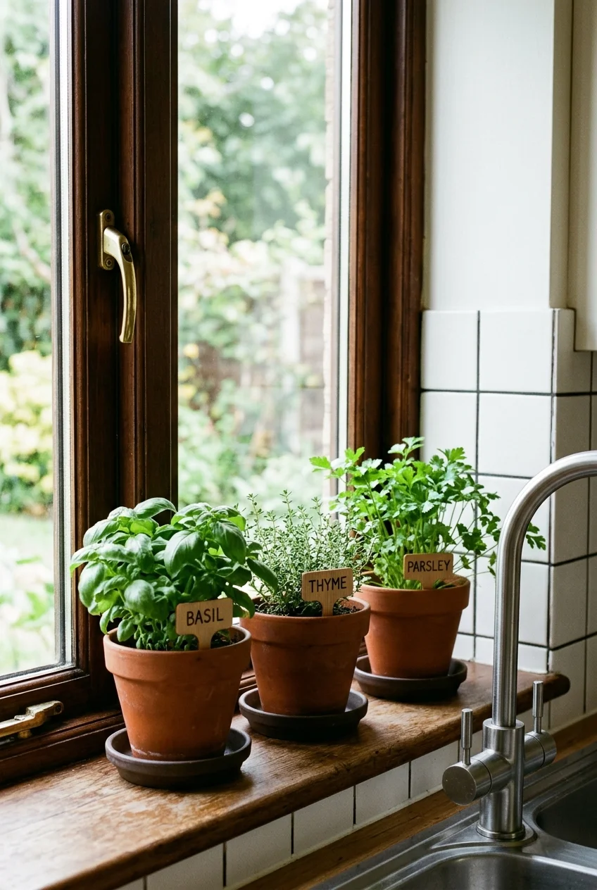 Small herb pots on a deep galley kitchen window sill