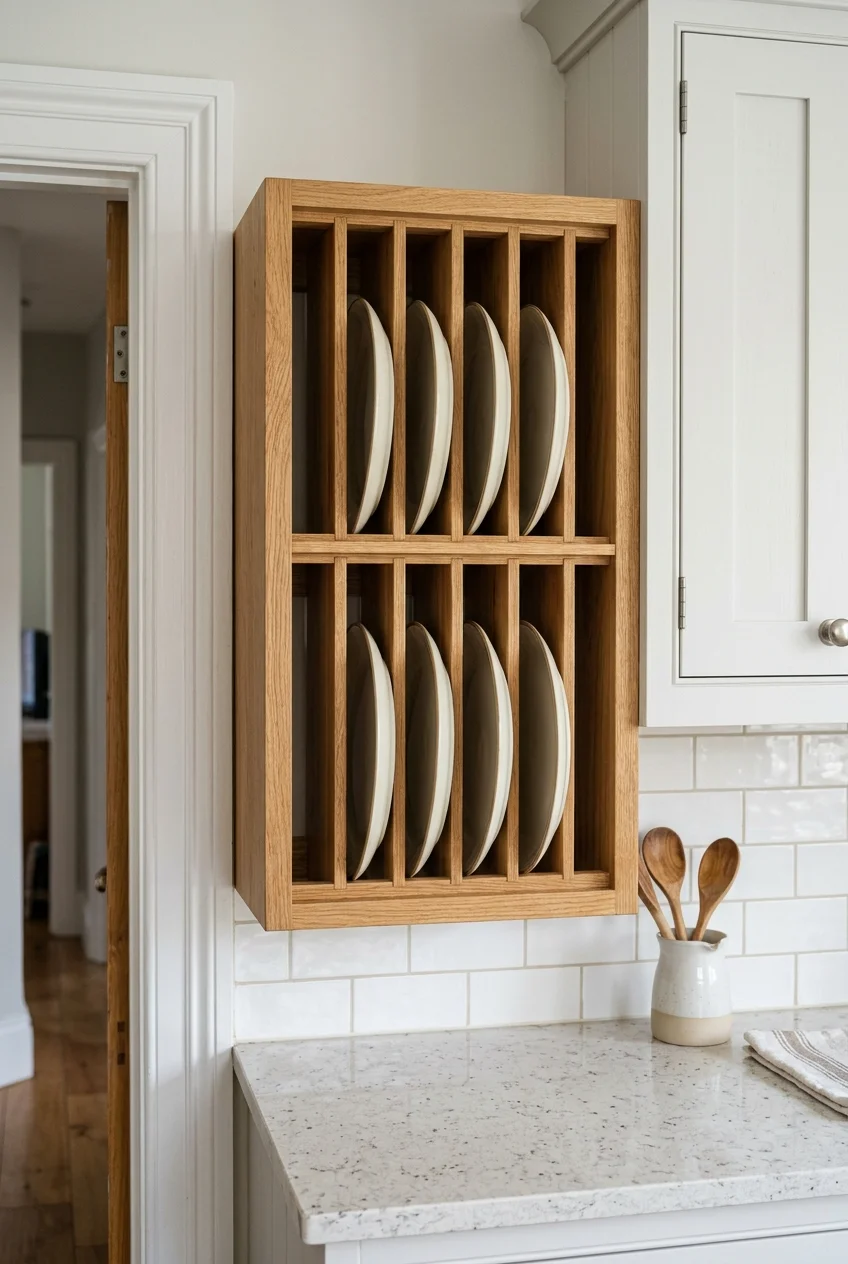 Vertical plate rack in a shallow galley kitchen corner