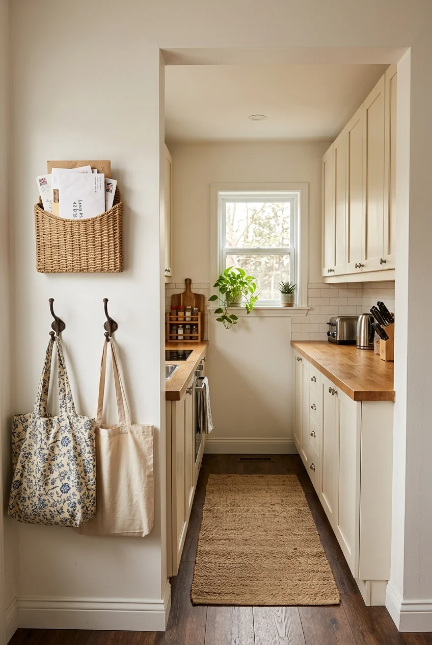 Small reset zone at the entrance to a tiny galley kitchen