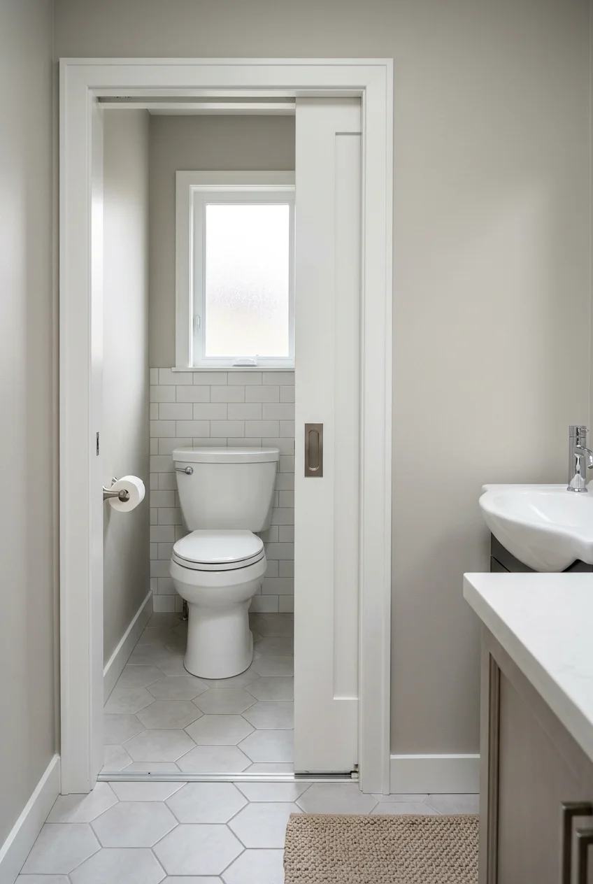 Pocket door opening into a compact water closet