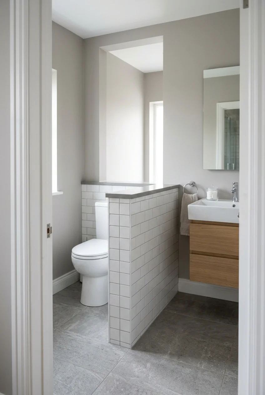 Half wall screening a toilet from the bathroom entrance