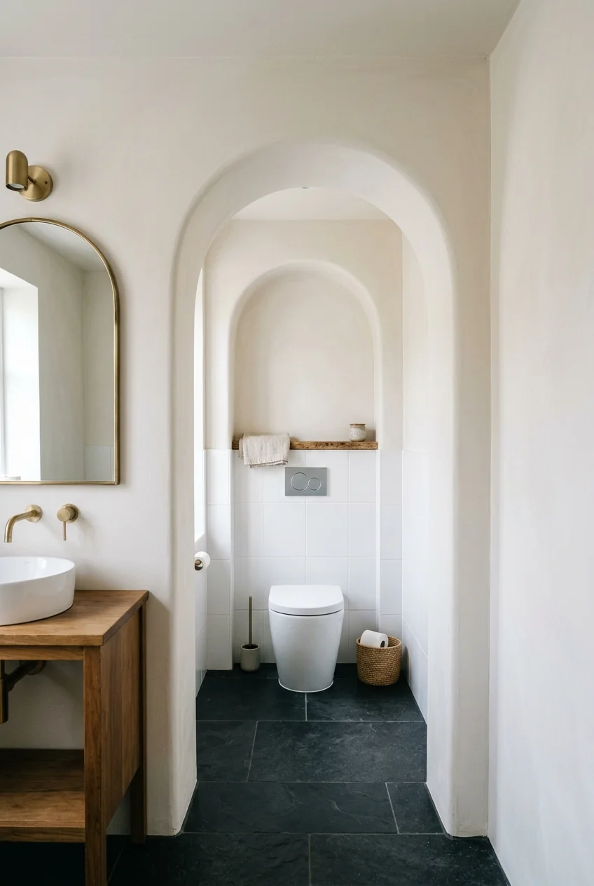 Arched opening framing a water closet alcove