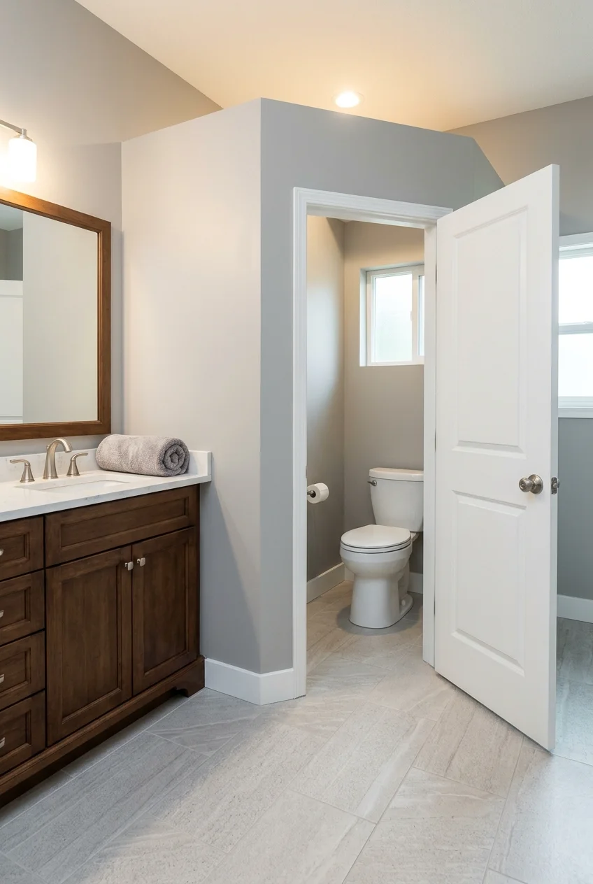 Corner water closet enclosure with a safe door swing