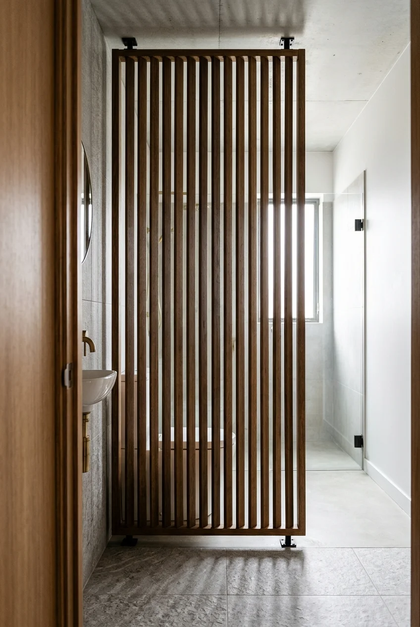 Vertical slat screen concealing an open toilet zone