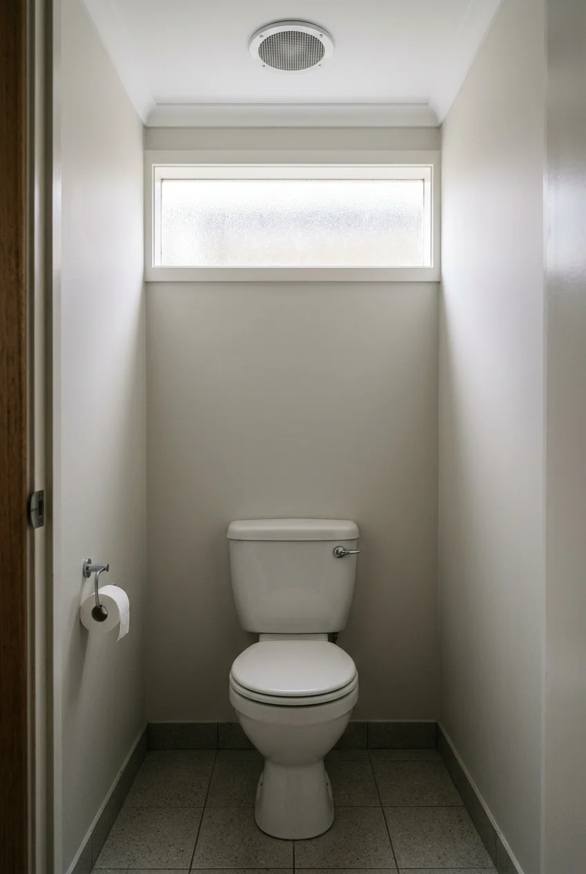 High clerestory window bringing light into a water closet