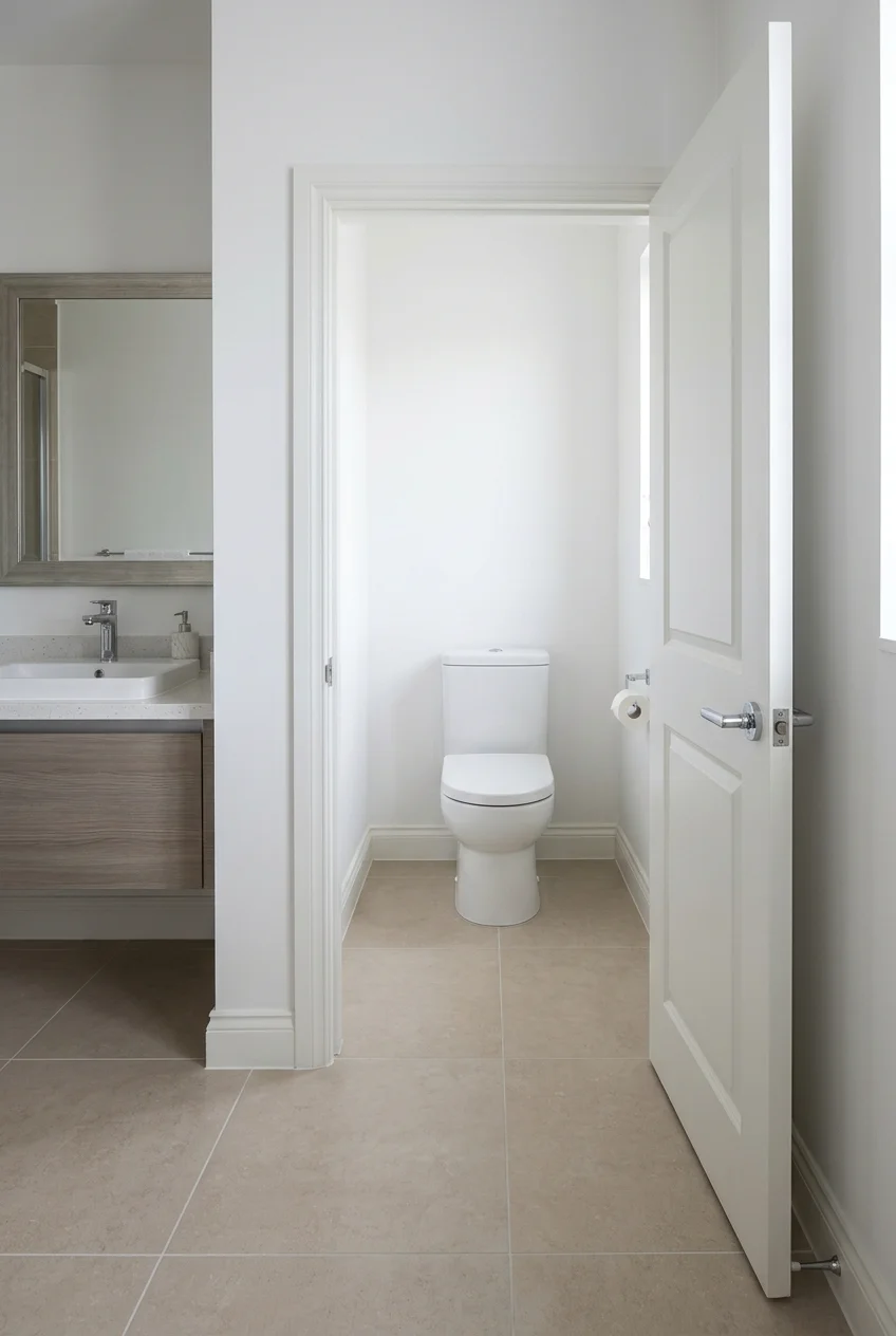 Out-swing door preserving floor space inside a water closet