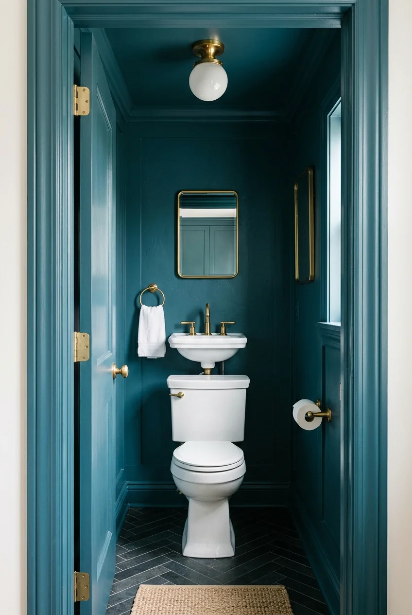 Color-drenched blue-green water closet