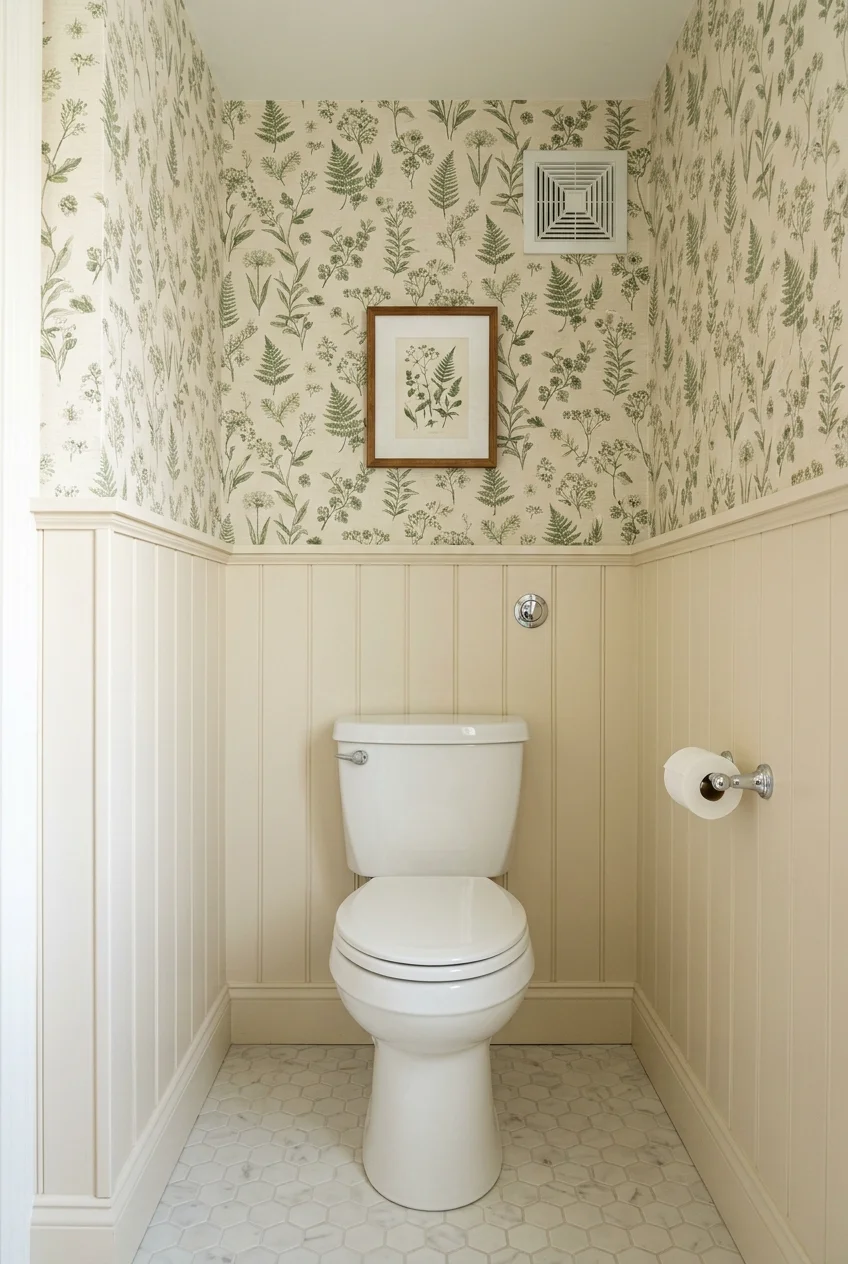 Wallpaper above painted wainscoting in a water closet
