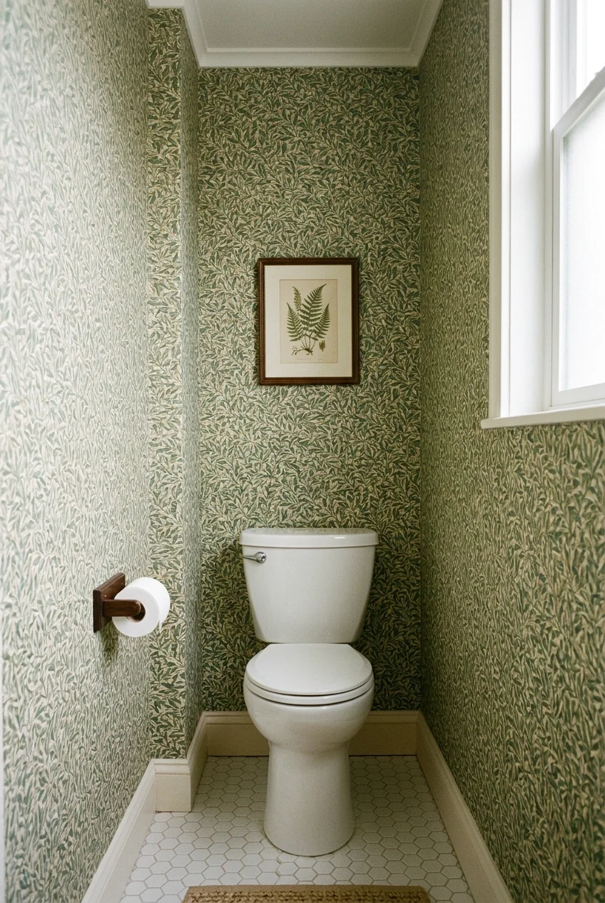 Small botanical wallpaper in a narrow water closet