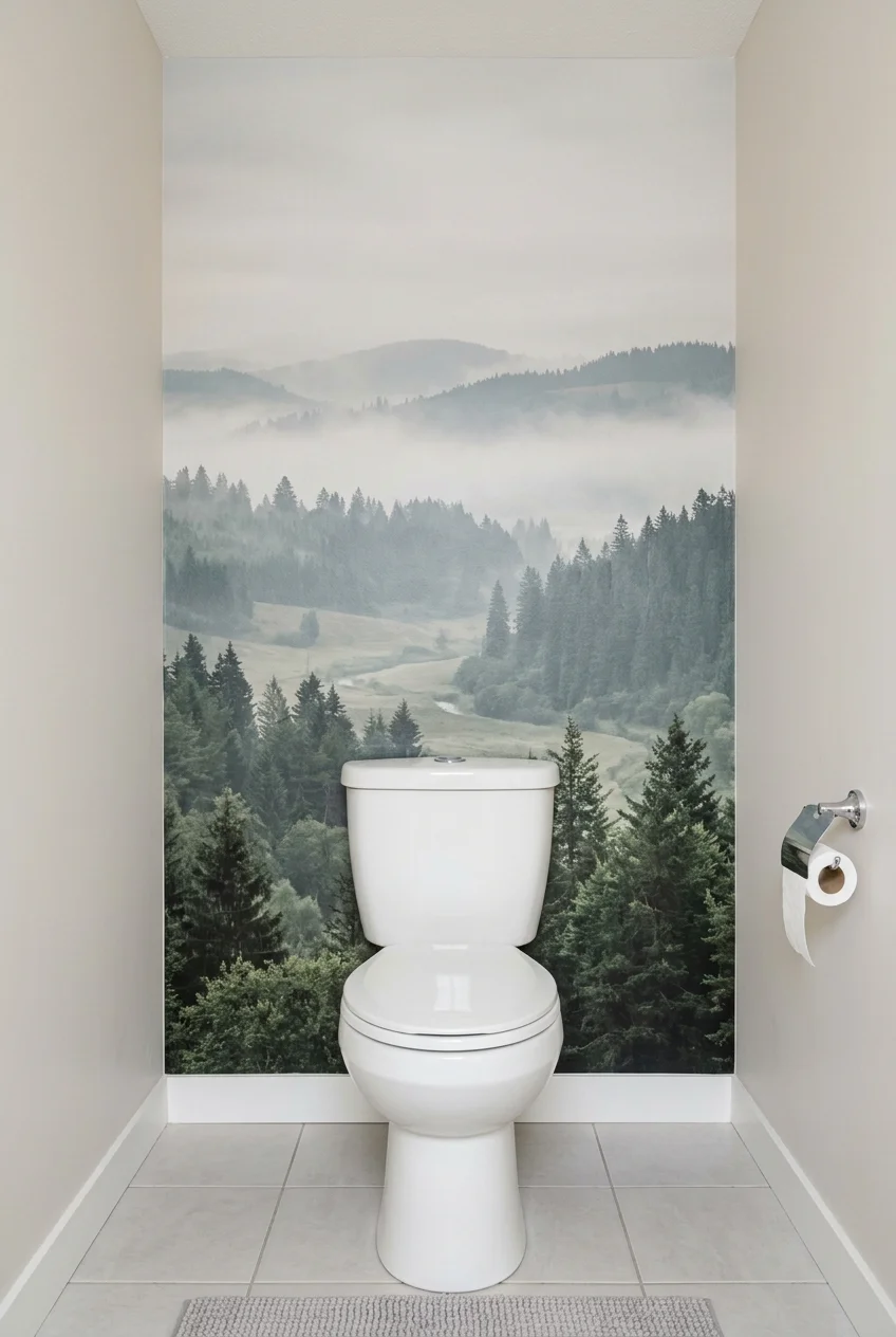 Scenic mural behind a toilet
