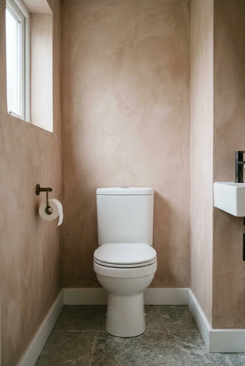 Soft limewash-style walls in a water closet