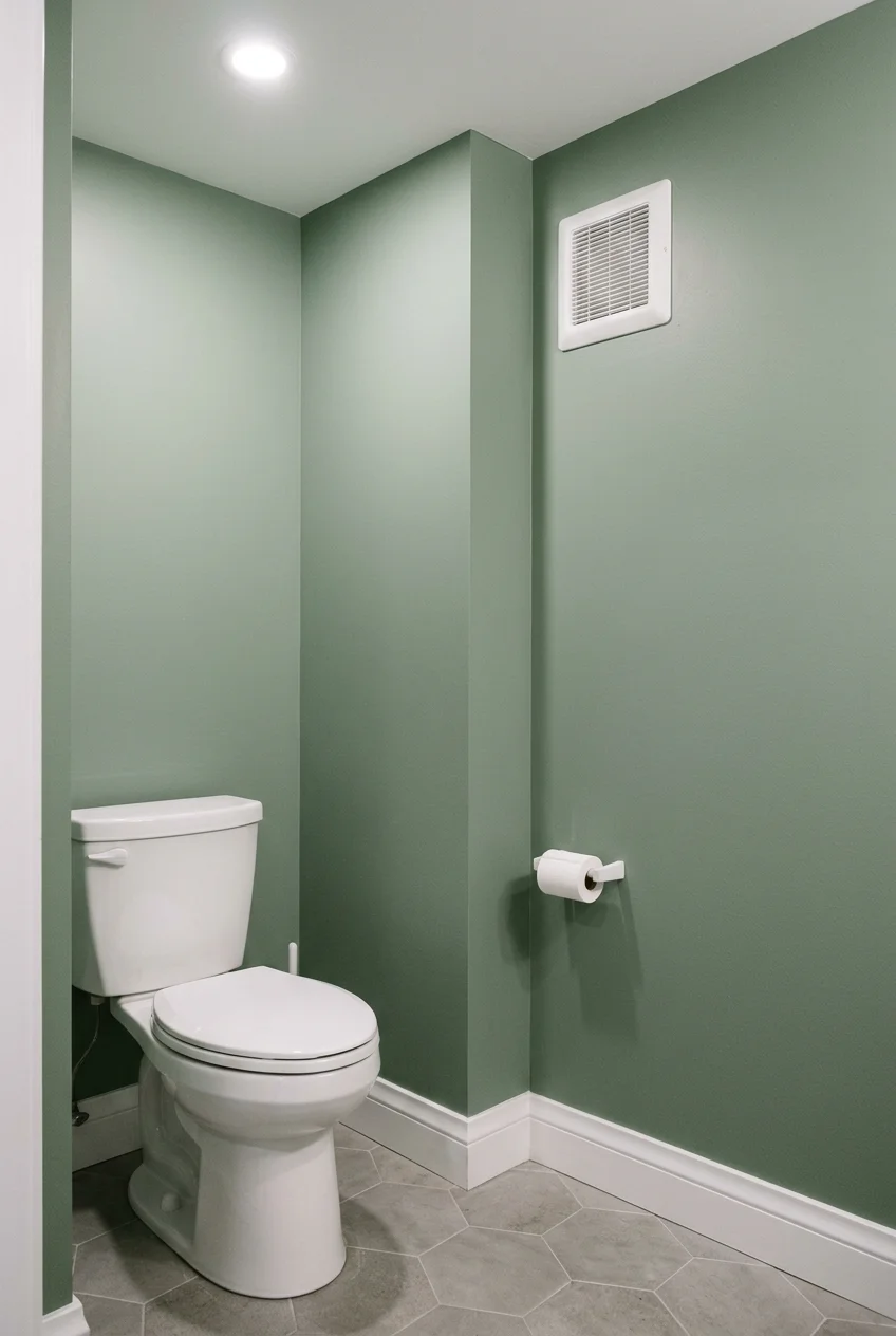 Matte sage paint in a ventilated water closet
