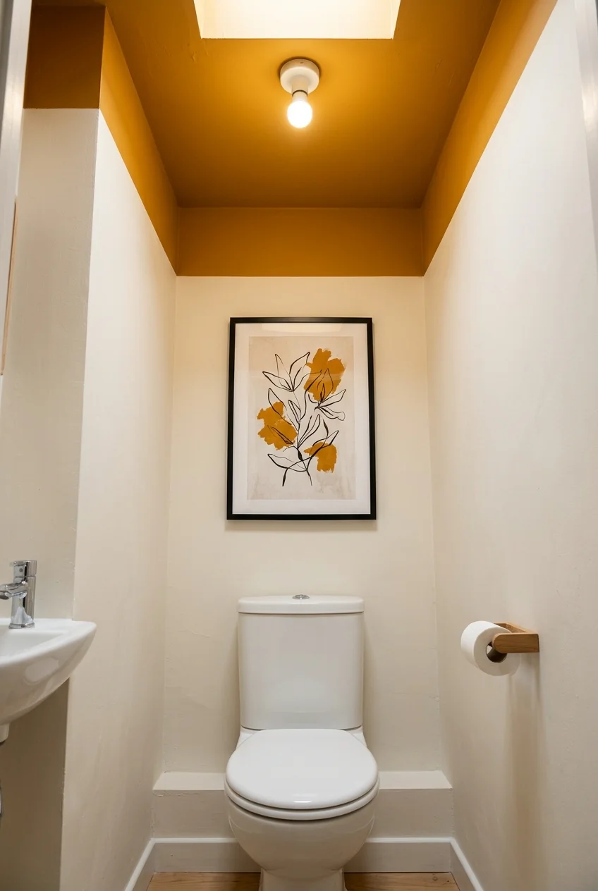 Contrasting ochre ceiling in a water closet