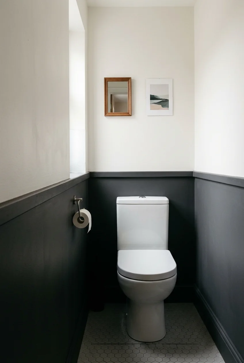 Dark lower wall with a light upper wall in a water closet