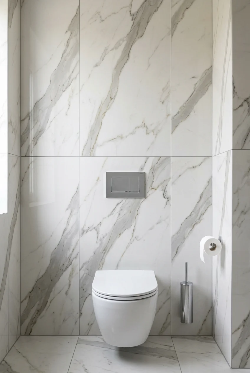Large-format tile behind a toilet