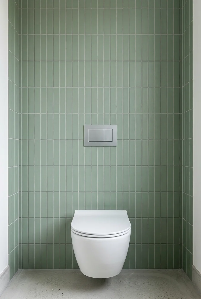 Vertical stacked tile behind a wall-mounted toilet
