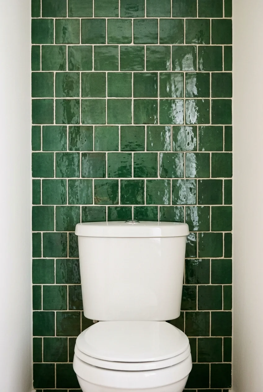 Green handmade-look tile accent wall in a water closet