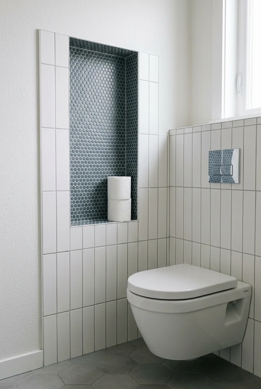 Penny-tile storage niche beside a toilet