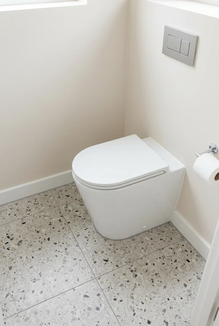 Terrazzo-look floor in a compact water closet