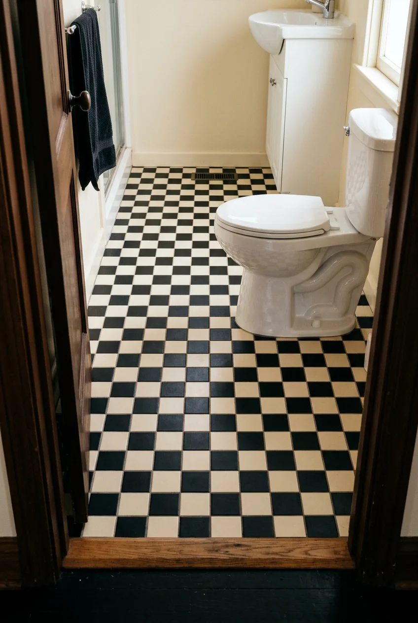 Small checkerboard tile floor in a water closet