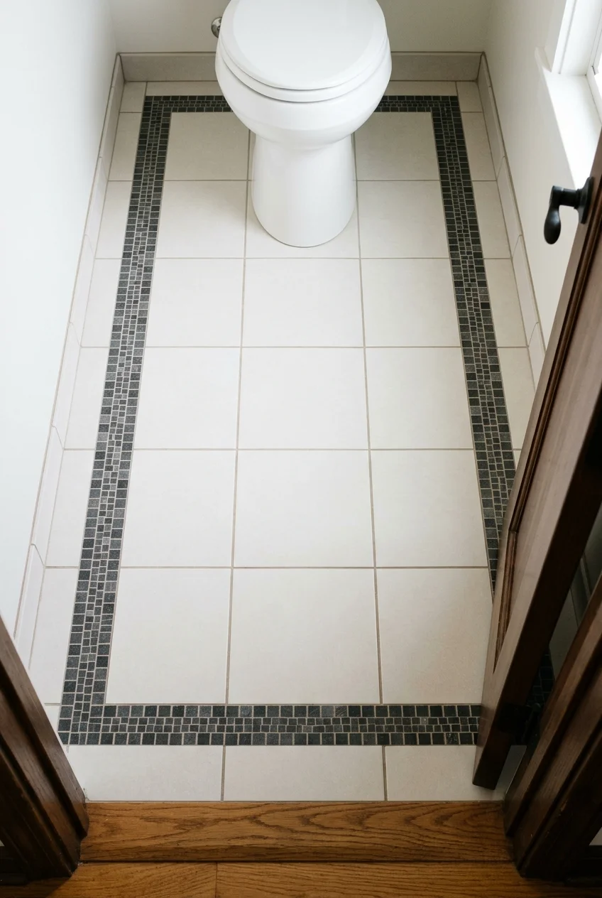 Mosaic border framing a plain water closet floor