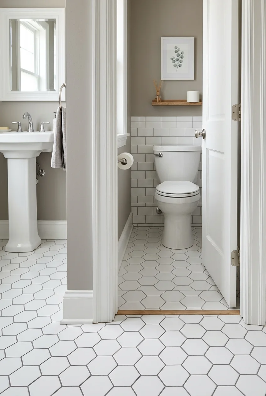 Continuous bathroom floor tile extending into a water closet
