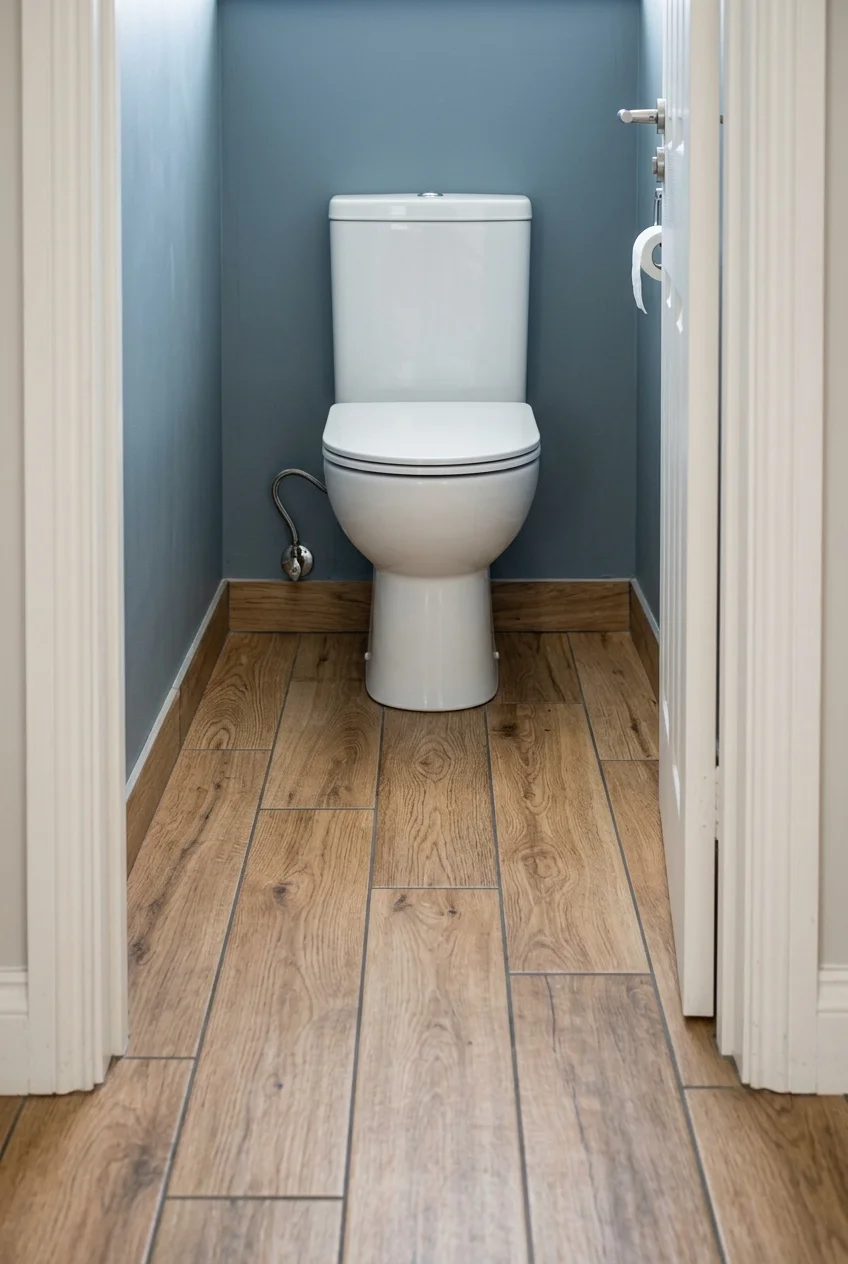 Wood-look porcelain flooring in a water closet