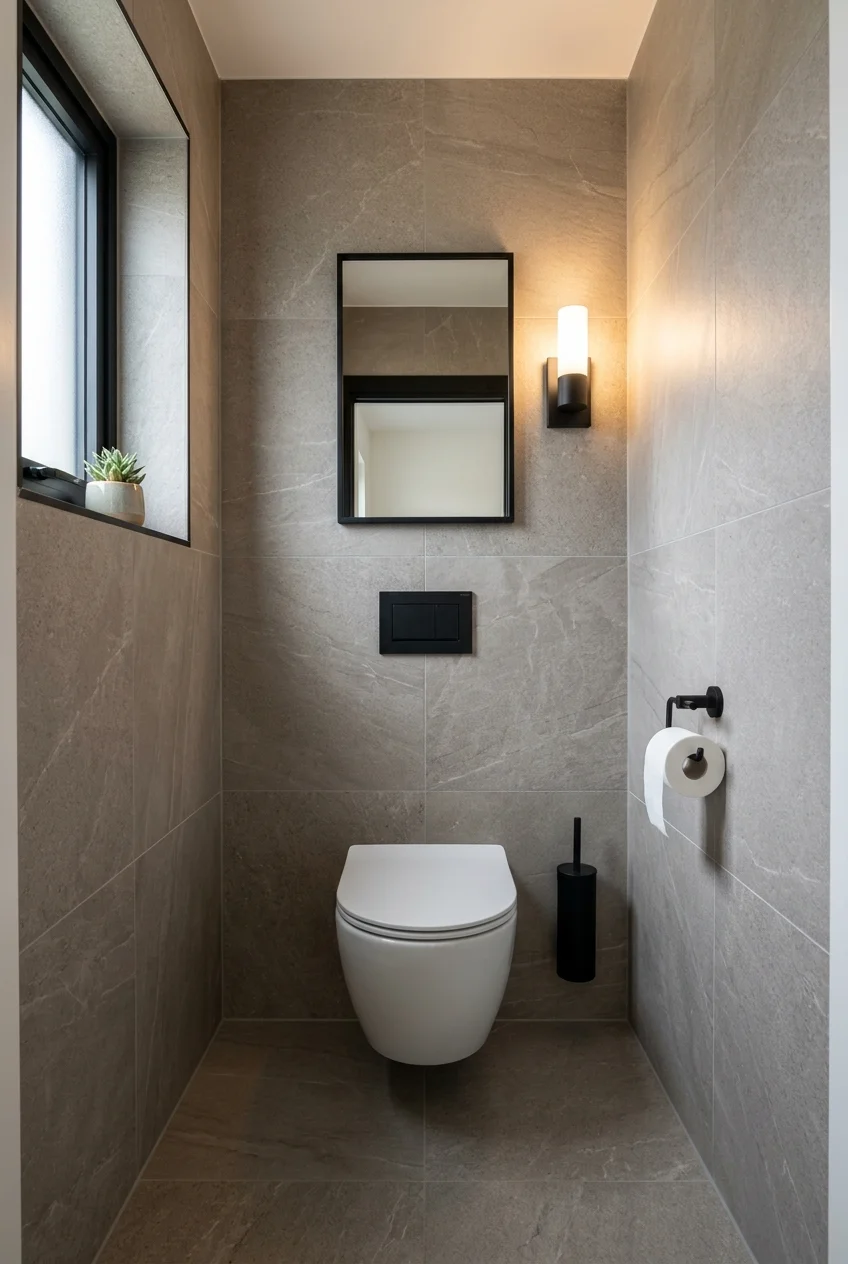 Coordinated tonal stone-look tile in a water closet