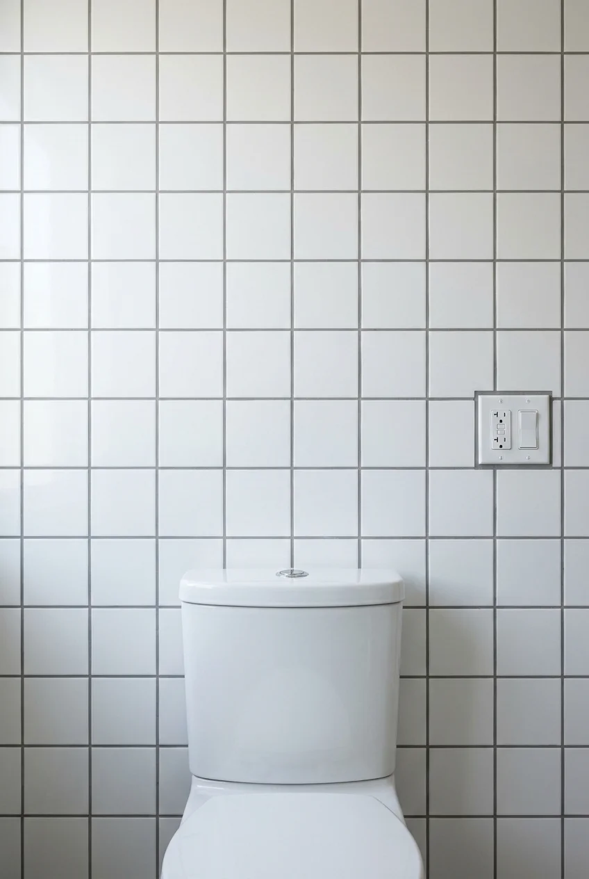 White tile with contrasting gray grout in a water closet