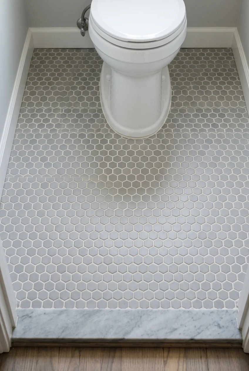 Matte hexagonal mosaic floor in a water closet